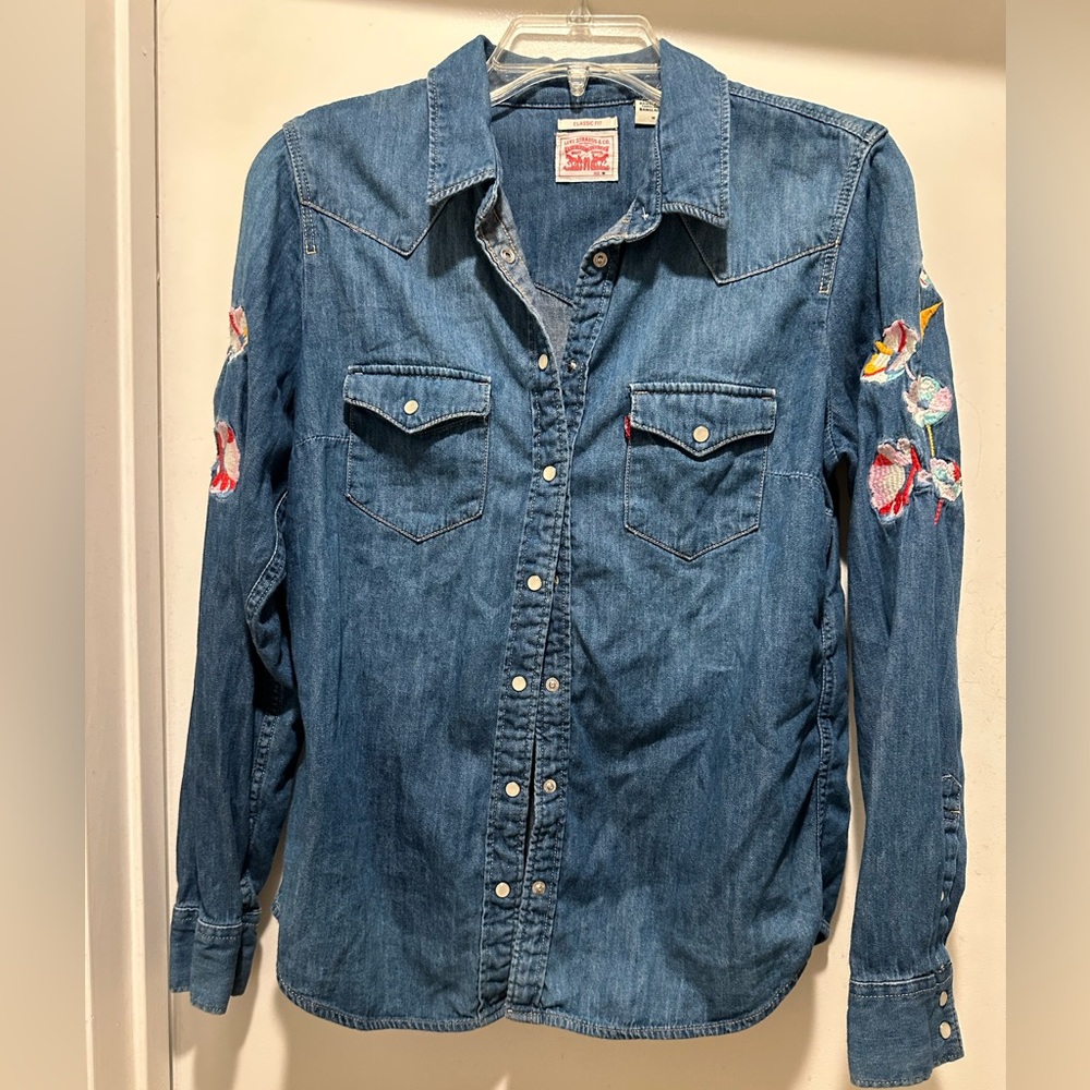 Levi's Blue Denim Button Down Shirt with Floral Embroidery